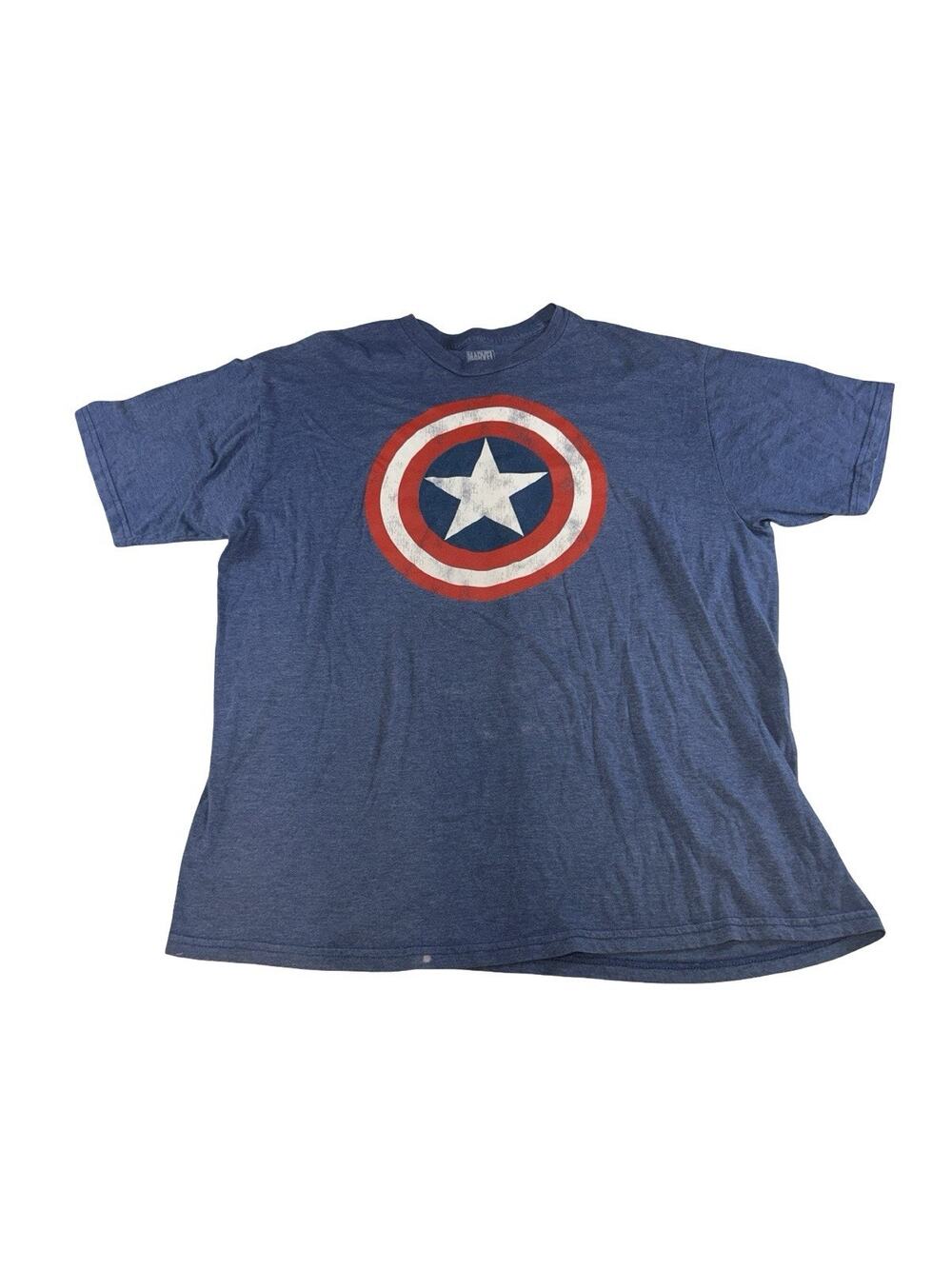 Marvel Captain America Men’s XL Blue Graphic T-Shirt Bleach Stains Cracking